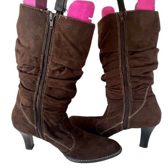 Predictions Womens 11 High Heel Brown Suede Slouchy Boots Mid Calf Boho Hippie - Picture 7 of 16